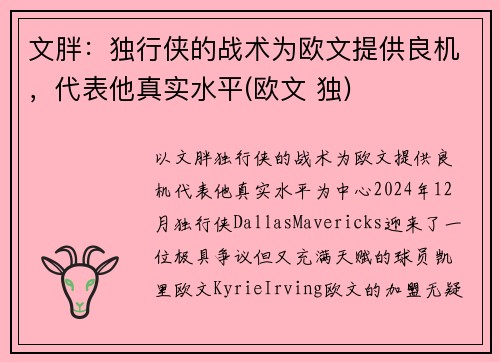 文胖：独行侠的战术为欧文提供良机，代表他真实水平(欧文 独)