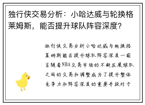 独行侠交易分析：小哈达威与轮换格莱姆斯，能否提升球队阵容深度？