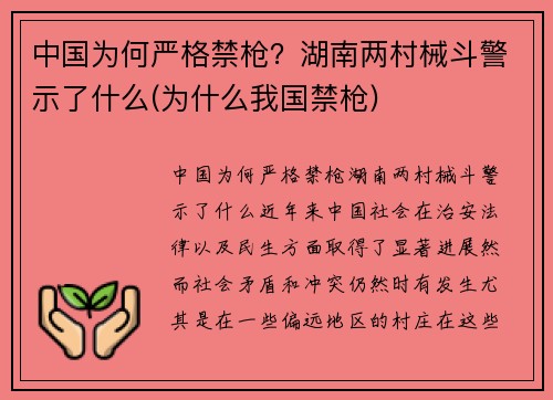 中国为何严格禁枪？湖南两村械斗警示了什么(为什么我国禁枪)