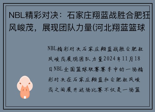 NBL精彩对决：石家庄翔蓝战胜合肥狂风峻茂，展现团队力量(河北翔蓝篮球俱乐部电话)