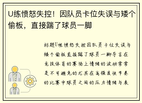 U练愤怒失控！因队员卡位失误与矮个偷板，直接踹了球员一脚