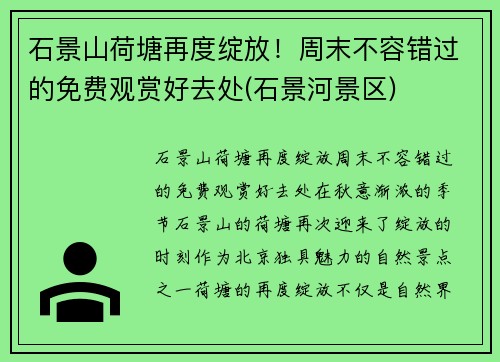 石景山荷塘再度绽放！周末不容错过的免费观赏好去处(石景河景区)