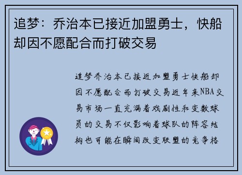 追梦：乔治本已接近加盟勇士，快船却因不愿配合而打破交易