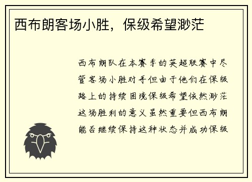 西布朗客场小胜，保级希望渺茫