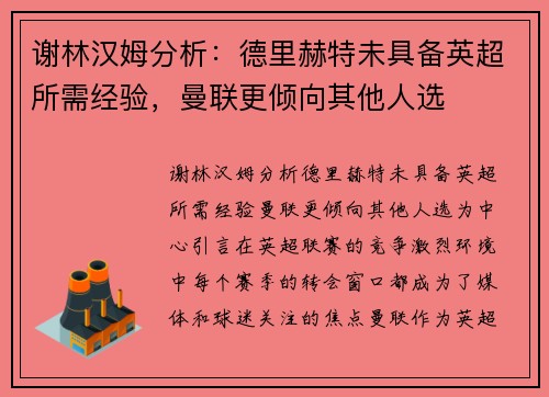 谢林汉姆分析：德里赫特未具备英超所需经验，曼联更倾向其他人选