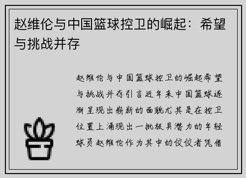 赵维伦与中国篮球控卫的崛起：希望与挑战并存
