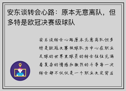 安东谈转会心路：原本无意离队，但多特是欧冠决赛级球队