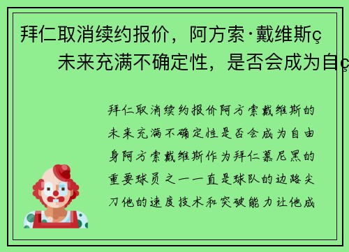 拜仁取消续约报价，阿方索·戴维斯的未来充满不确定性，是否会成为自由身？