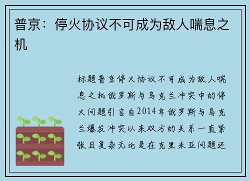 普京：停火协议不可成为敌人喘息之机