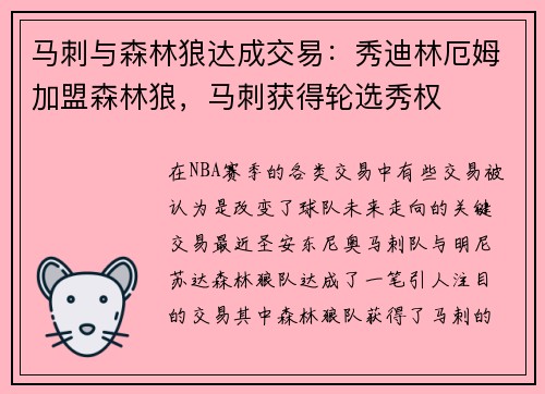 马刺与森林狼达成交易：秀迪林厄姆加盟森林狼，马刺获得轮选秀权