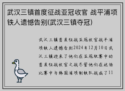武汉三镇首度征战亚冠收官 战平浦项铁人遗憾告别(武汉三镇夺冠)